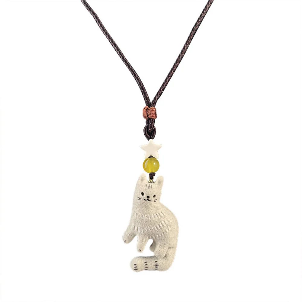 Vintage-Kätzchen-Anhänger-Halskette, handgewebtes Seil, Nischendesign, süße Katzenperlen-Pulloverkette, modisches Accessoire für Damen, Geschenk – Detail 9