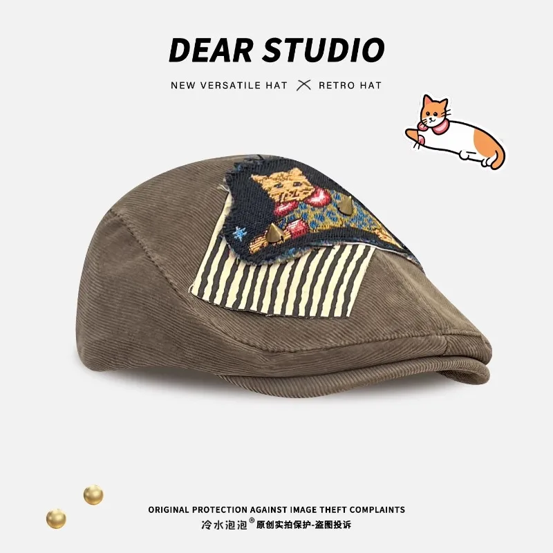 

Милые мультяшные котики-стикеры, персонализированные береты с заклепками в стиле Y2K, модные универсальные шляпы художника для путешествий весной и осенью, женские