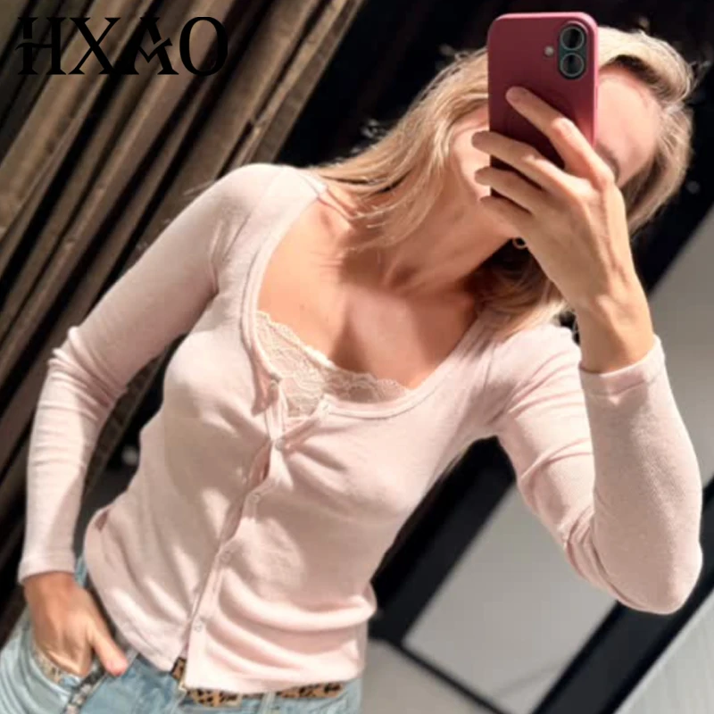 HXAO Crop Lace Cardigan Women's Shirt 2026 Knit Corset Pink Blouse Button Up O-Neck Long Sleeve Tops For Women Vacation Sweaters