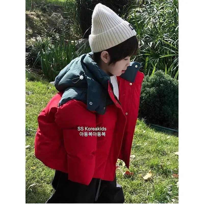 

2025 Winter New Boys' Down Cotton Coat Short Style Color Blocked Bread Coat Cotton Coat Boys' Handsome Warm Cotton Coat Tops