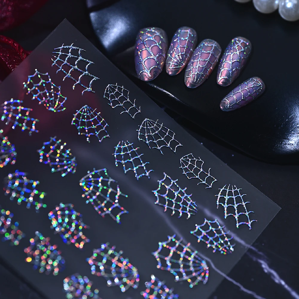 1 Blatt 3D Holographische Glitzer-Spinnennetz-Nagelaufkleber Halloween Glänzende Laser-Spinnennetz-Nagelsticker Selbstklebende Nageldekoration – Detail 3