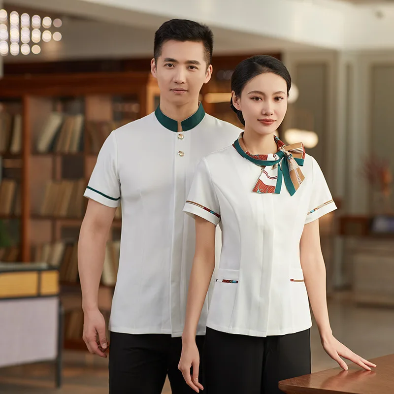 Uniforme de trabajo de camarero de restaurante para mujer, estilo chino de verano, Hotel, olla caliente, Catering, restaurante, granja, recepción, manga corta