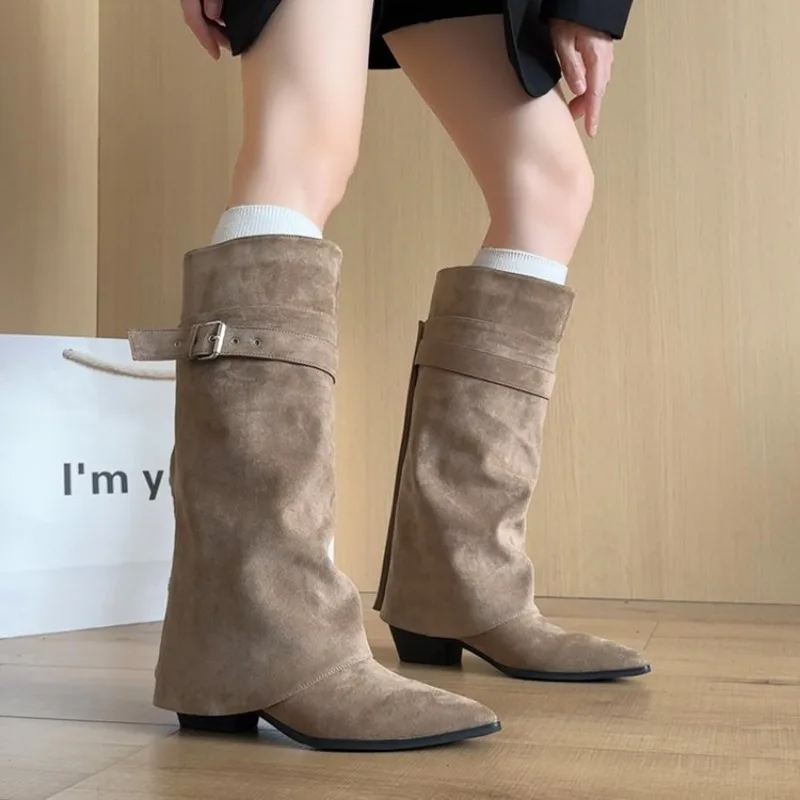 Women's Knee-High Boots Pointed Toe Low Heel Foldover Cuff Buckle Strap Slouchy Winter Tall Dress view 2