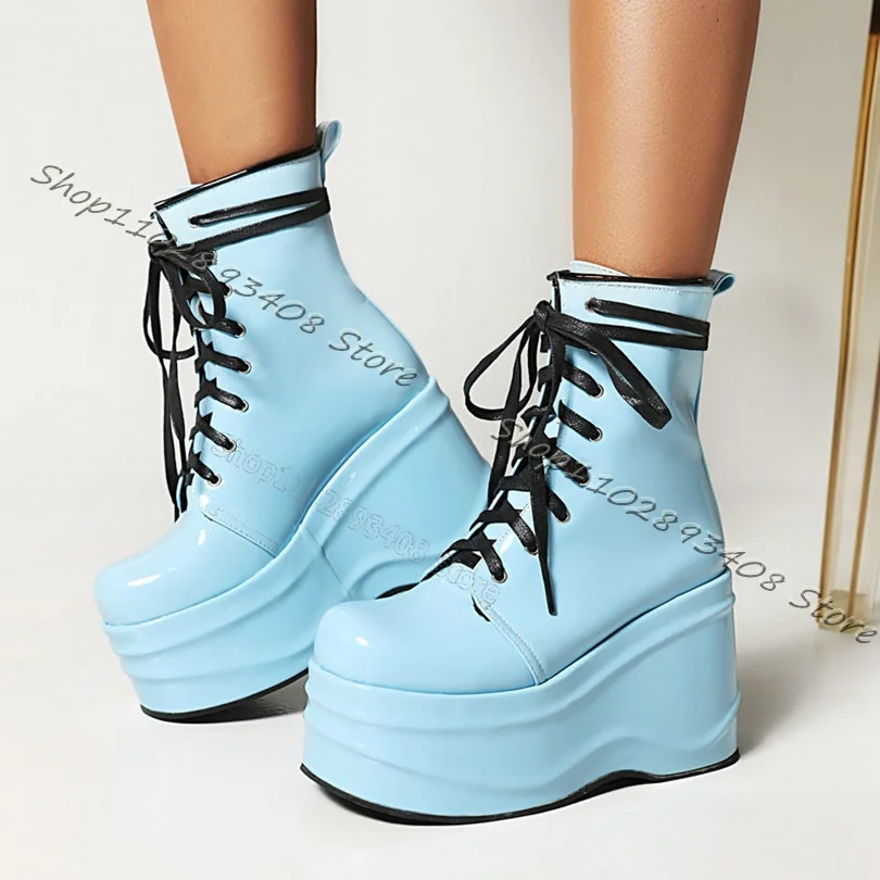 

Blue Platform Patent Leather Ankle Boots Round Toe Cross Band Solid Muffin Bottom Boots Women Fall Casual Shoes Zapatillas Mujer