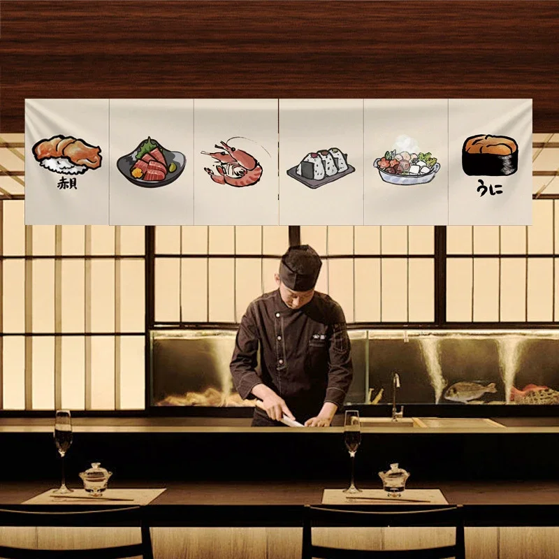 VIKAMA Japanese Sushi Seafood Valance Curtain Hand Drawn Sashimi Print Shop Front Short Curtain for Sushi Restaurant Home Decor
