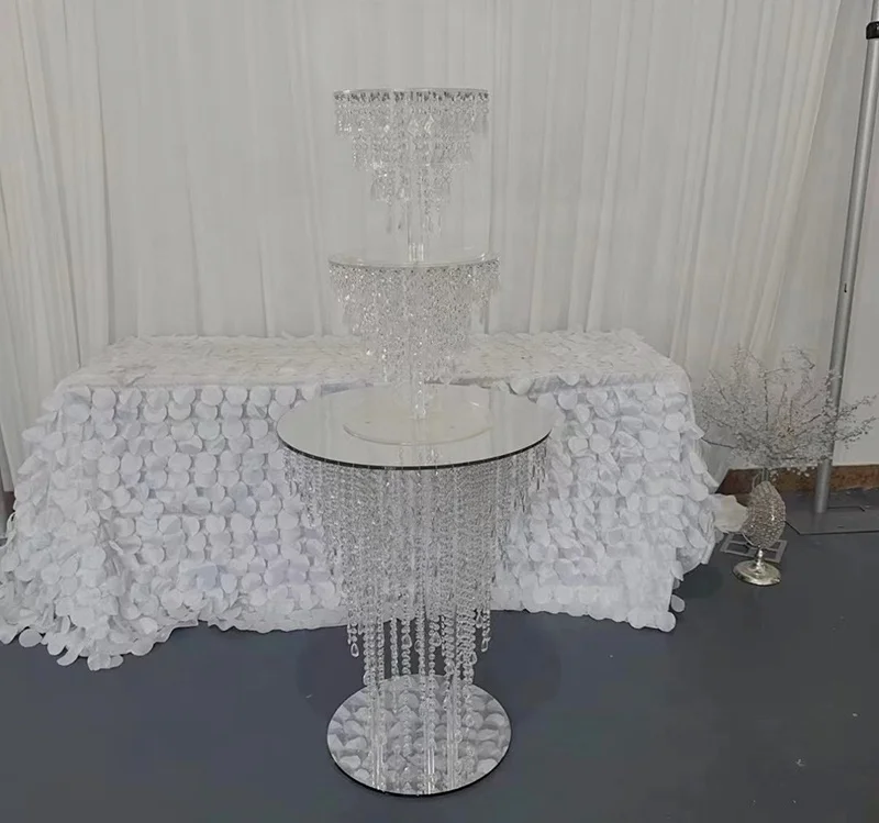 Wedding Decoration Clear Acrylic Round Crystal Cake Stand With Mirror Base