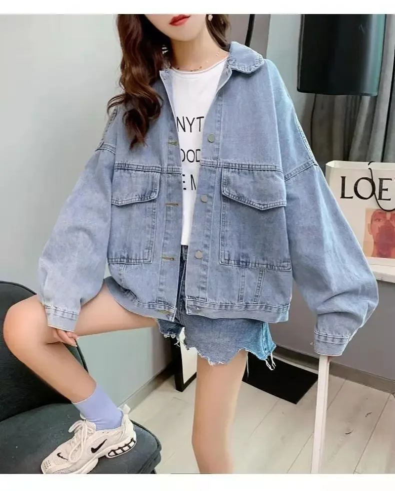 Women Vintage Washed Denim Coats Single Breasted Long Sleeve Jacket Spliced Embroidery Outerwear Button Loose Casual 2024