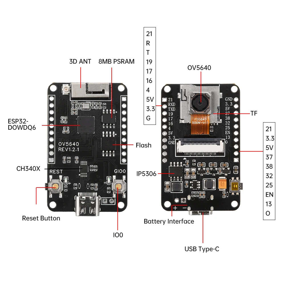 Kit de Módulo de Câmara Cam de Foco Automático Ov5640 Esp32 Af72 mm 2.4 Ghz Placa Compatível com Wifi e Bluetooth tipo c 8mb Psram hd 5mp