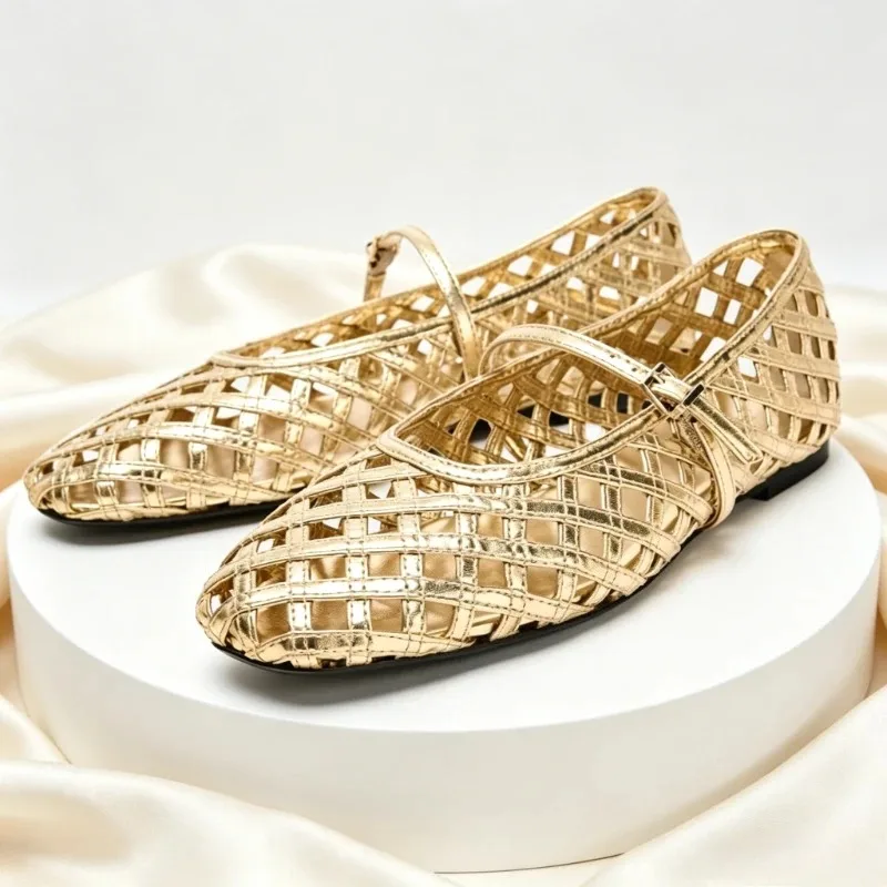 designer-woven-hollow-gold-ballet-flats-women-metallic-effec-design-round-toe-buckle-mary-jane-shoes-summer-comfort-flat-sandals