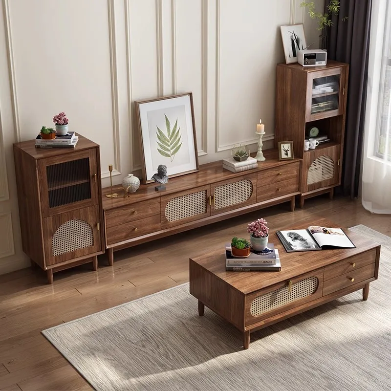 TV cabinet coffee table combination retro rattan solid wood frame living room French storage cabinet small apartment TV