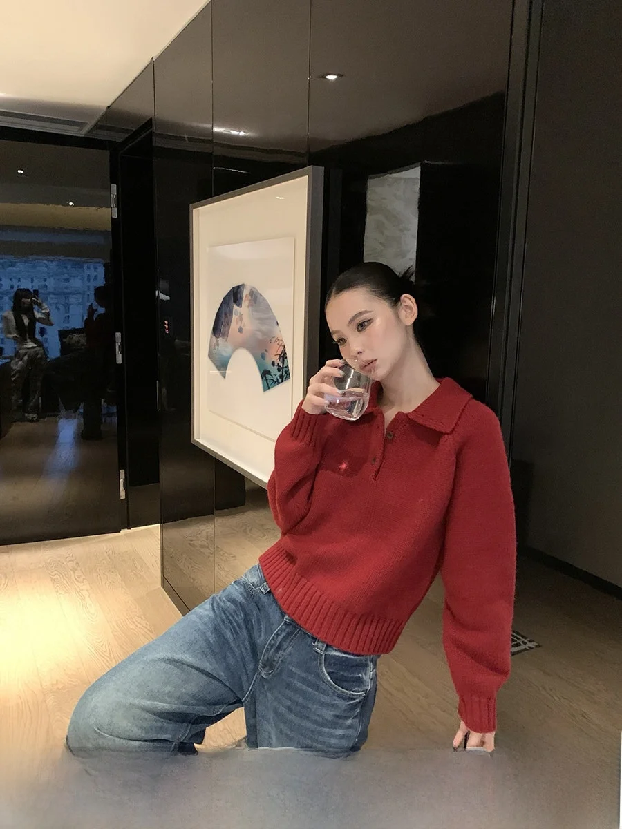 

Ladies Red Knitted Sweater with Collar Autumn Winter Korean Sle Casual Loose Fit Long Sve Easy to Wear Outdoors Faion