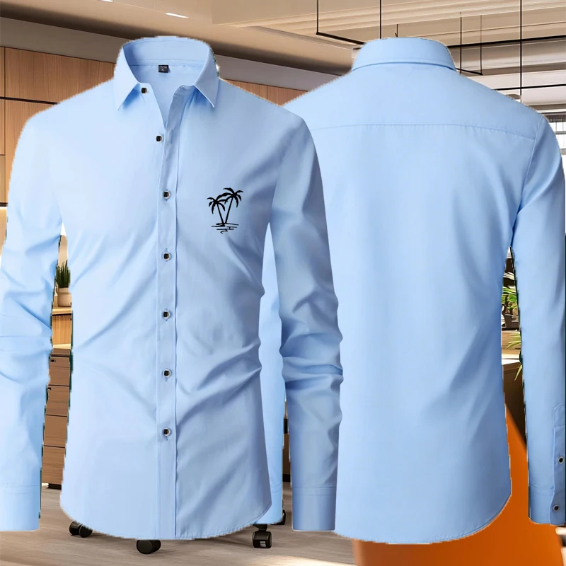 

1pc Men's Slim Fit Shirt with Palm Tree Print Long Sleeve Business Casual Button Down Blouse Wrinkle Resistant 5-Color Available