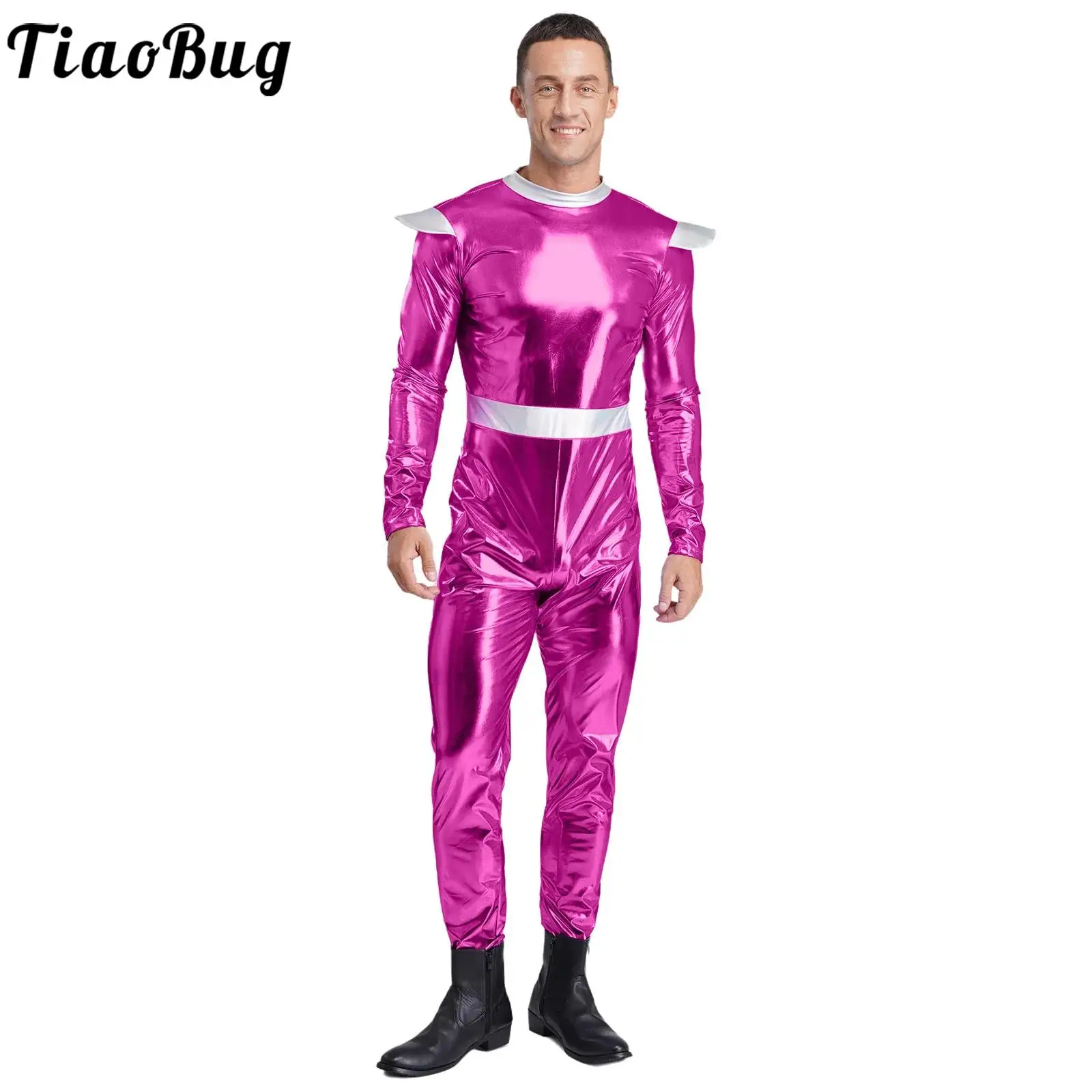 

Men Guard Alien Robot Costume Full Jumpsuits Halloween Carnival Party Clothes Outer Space Cutie Metallic One Piece Role Play Set