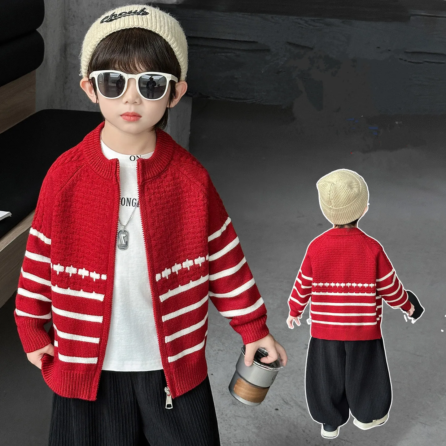 

Stylish Baby Kids Spring Autumn Red Color Striped Cardigan with Zipper For Toddler Boys Casual Knitwear Children Sweater 2-11 Y