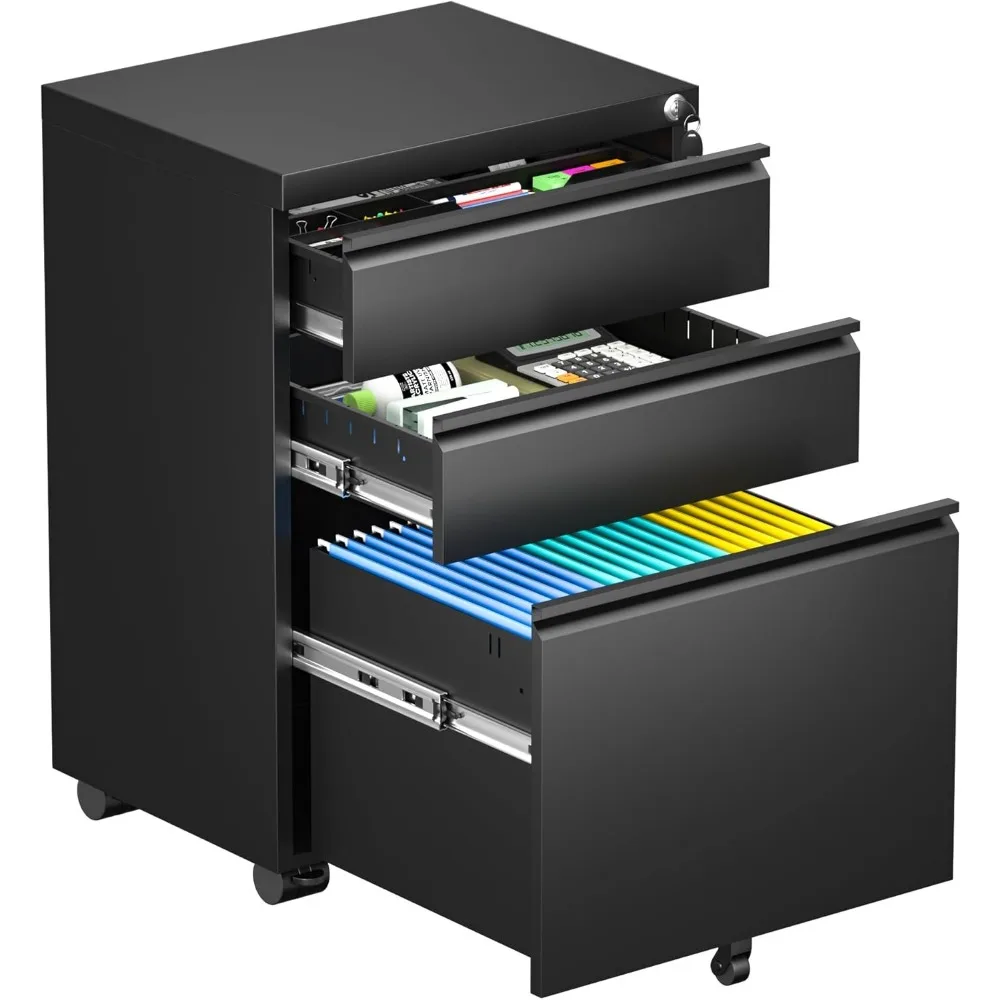 

Bonusall 3 Drawer Black File Cabinet, Fully Assembled Metal Rolling Filing Cabinet with Lock, Under Desk Filing Cabinets