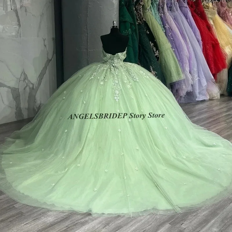 ANGELSBRIDEP-Vestidos Quinceanera verde claro, vestido de baile Glitter, Applique Lace Beading, Espartilho Tull, Doce 15, 16