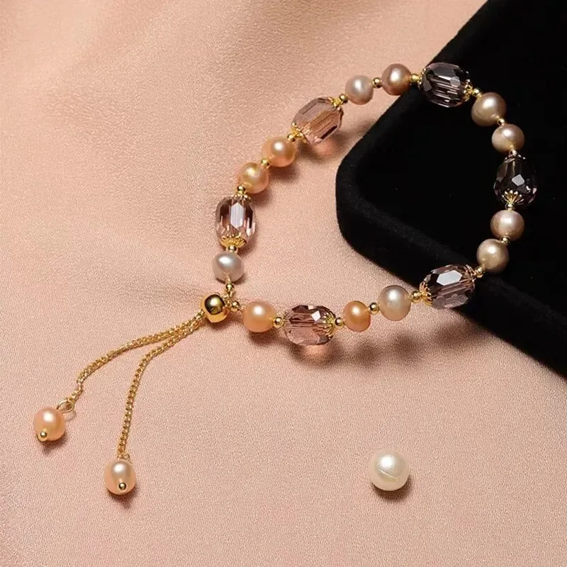 Elegant pink imitation pearl bracelet, exquisite purple crystal beads adjustable bracelet, women's wristband accessories image 6