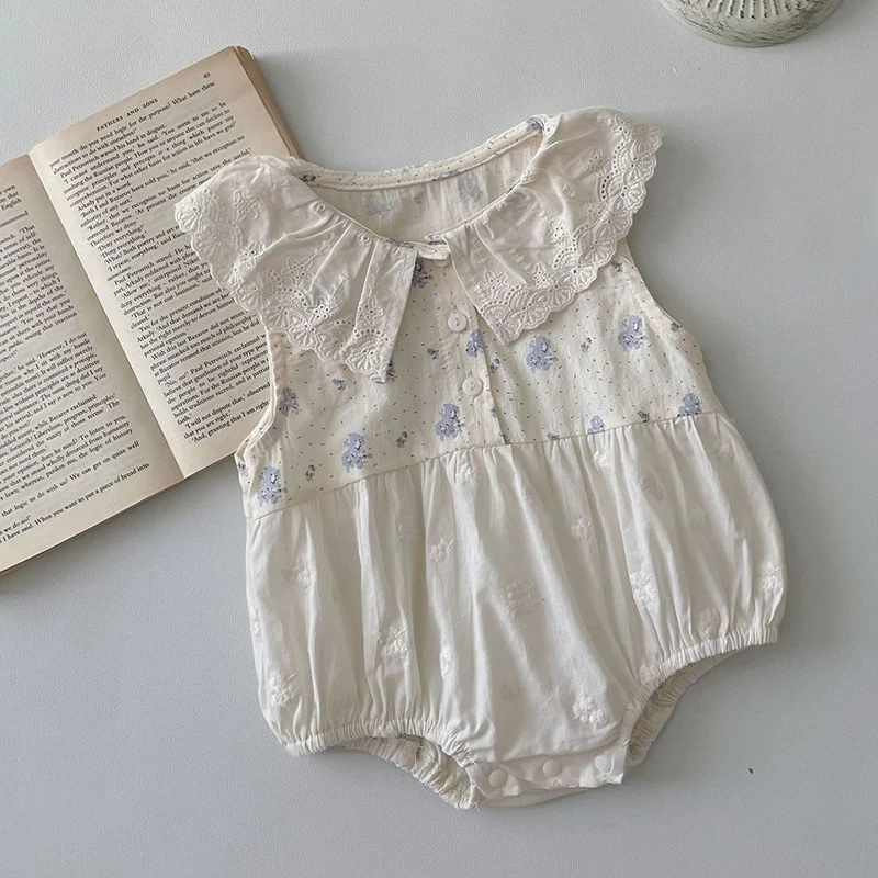 

2024 New Summer 0-24M Children Clothes Newborn Baby Girl Romper Sleeveless Cotton Print Lace Splicing Korean Style Climbing Suit