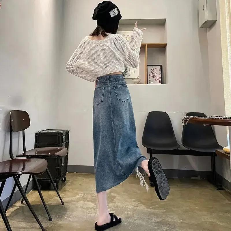 Jupe en jean femme bleue déchiré taille haute Vintage V élégant pas cher Premium Style coréen été 2025 mode jupes en jean pour les femmes