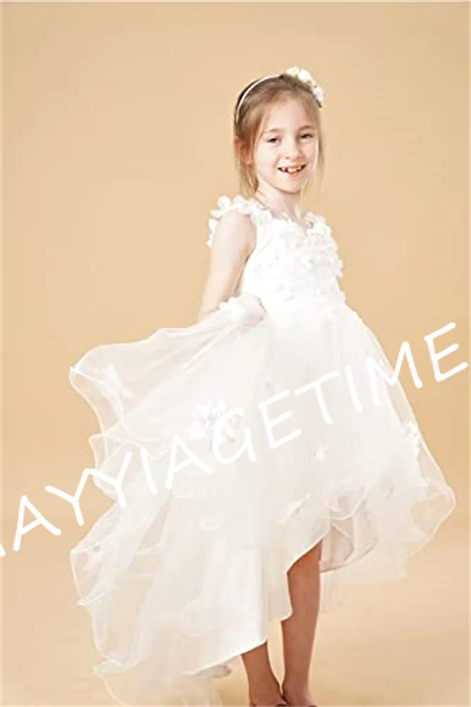 Eightale Flower Girl Dresses For Wedding High Low Tulle Flowers Appliqued Princess Pageant Formal Party Dress Ball Gowns