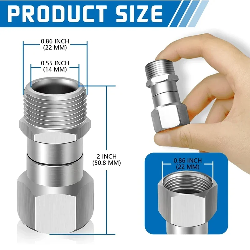 M22 14mm/15mm Pressure Washer Swivel Fitting - 360° Kink Free Anti-Twist 5000PSI Gun to Hose Male Thread
