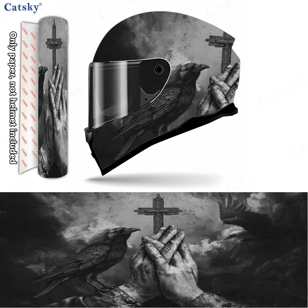 Solemn Crow Hand Prayer Pattern Helmet stickers , PVC Material Multifunctional Helmet Stickers, Scratch-Resistant & Fade-Proof,