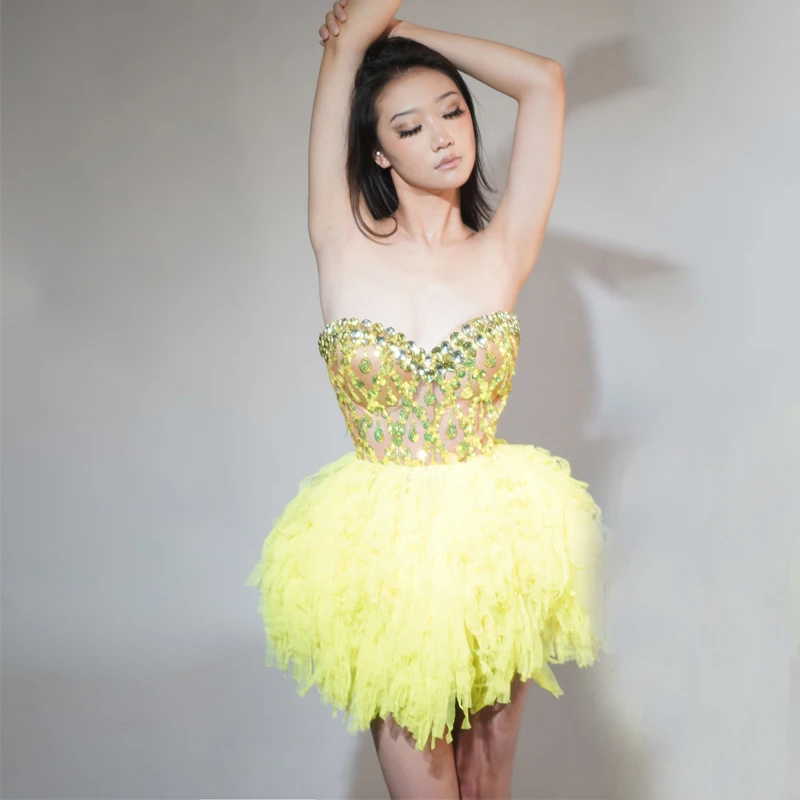 Sukienka damska z fluorescencyjnych żółtych cekinów, koronkowa, na imprezę, festiwal, suknia wieczorowa, strój sceniczny dla piosenkarki barowej, XS9976