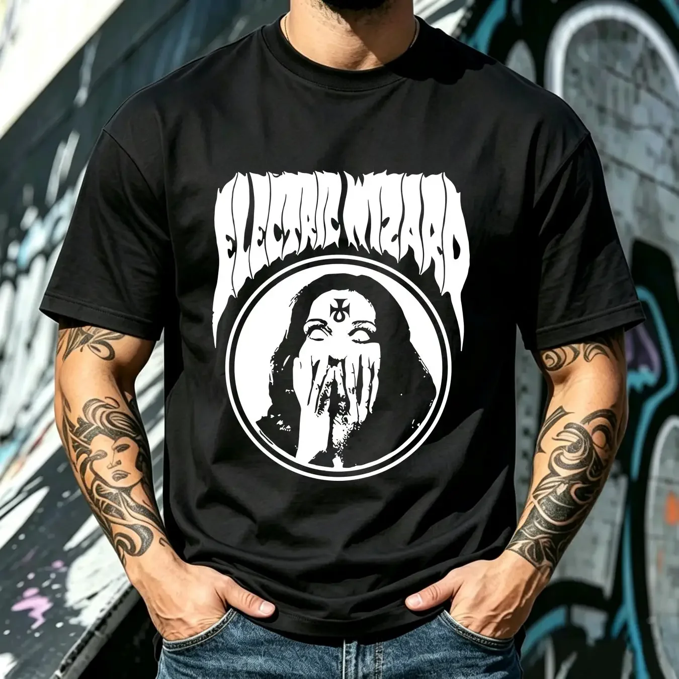 washed T Shirt Hot Electric Wizard Inverted Ankh Girl  Men All Size 1CM1 vintage Washed fashion Unisex Versatile Stretched