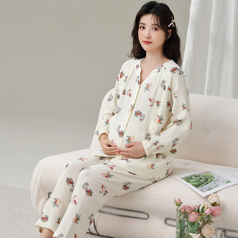 100% Thin Light Double Gauze Cotton Maternity Nursing Sleepwear Sets Summer Loose Pajamas Lacation Pregnancy Sleep Home Wear