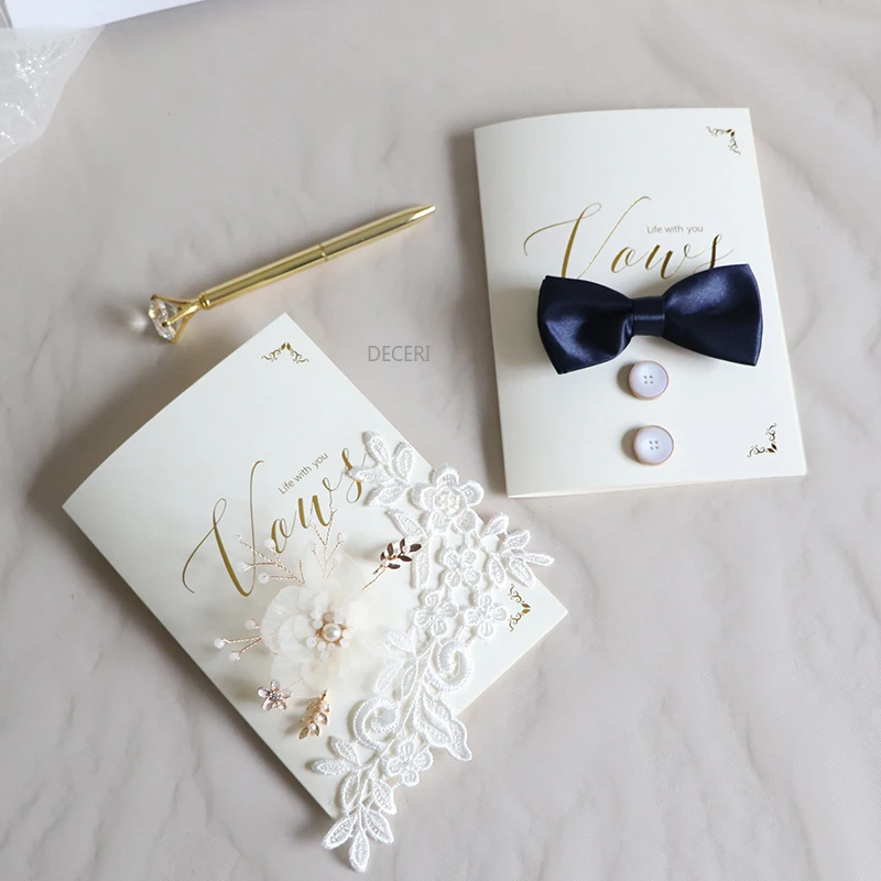 2 Pcs White Wedding Favors Bride Groom Vows Pink Oath Card Lace Men's Bow Tie Decora Free Pen His & Her Sworn Book