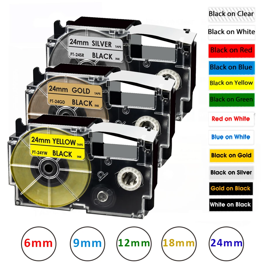 6/9/12/18/24mm XR-9WE Compatible Casio XR-12WE XR12X XR-9X XR-9RD XR-9BU XR-9YW XR-9GN label tape for KL-60 KL-120 KL-820 KL-200