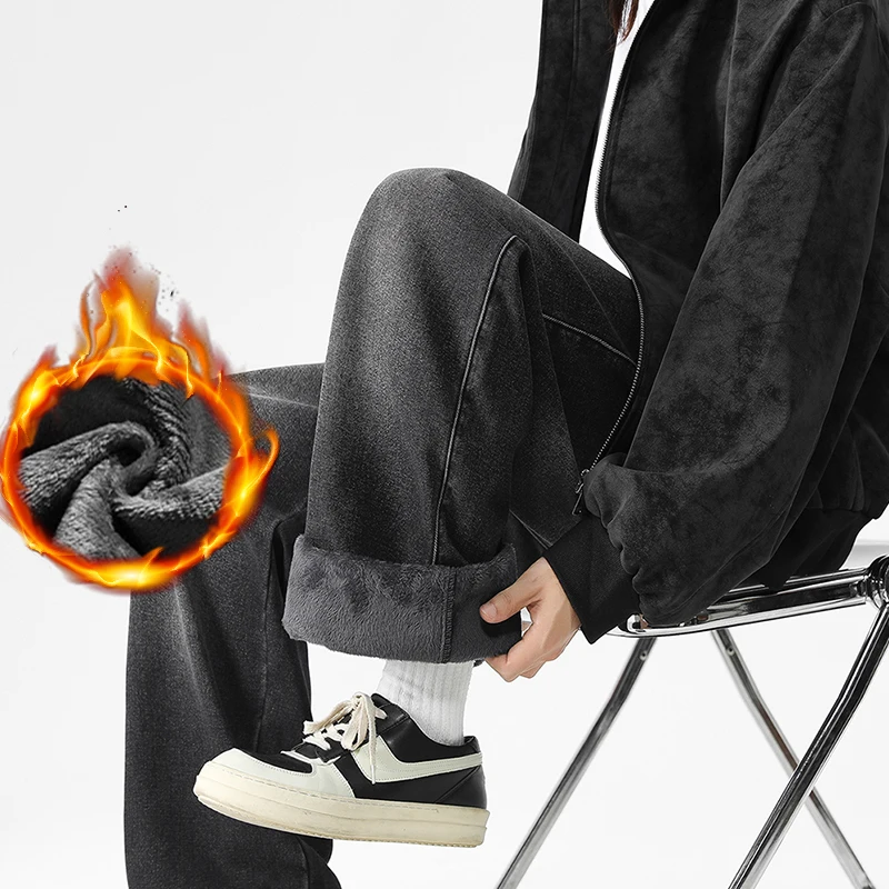 

Мужские толстые флисовые свободные джинсы, новые зимние однотонные повседневные прямые джинсовые брюки на шнурке, мужская модная плюшевая одежда