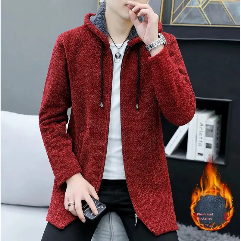 Men's Medium-Length Loose-Fit Hooded Sweatshirt Plus Size Knitted Cardigan Casual Style Winter Wear Top