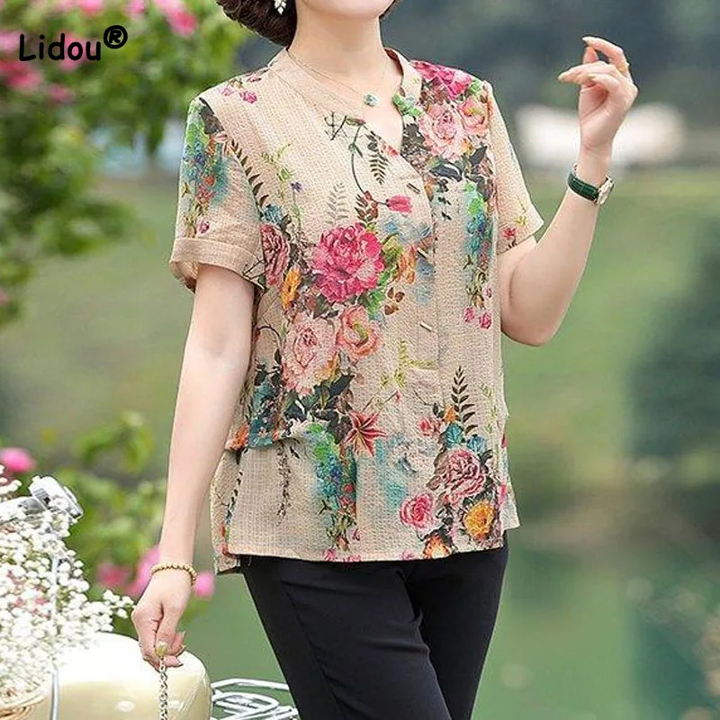 Elegante Floral Imprimir Decote Em V T-shirt das mulheres Moda Feminina Roupas Verão All-match Vintage Emendado Manga Curta Pullovers Tops