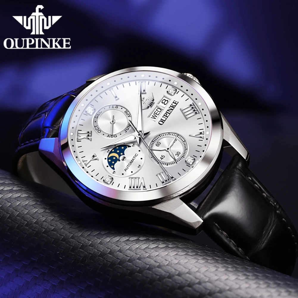 OUPINKE 3300 TOP Brand Men's Watches Classic Leather Strap Chronograph Moon Phase Waterproof Automatic Mechanical Watches Trend