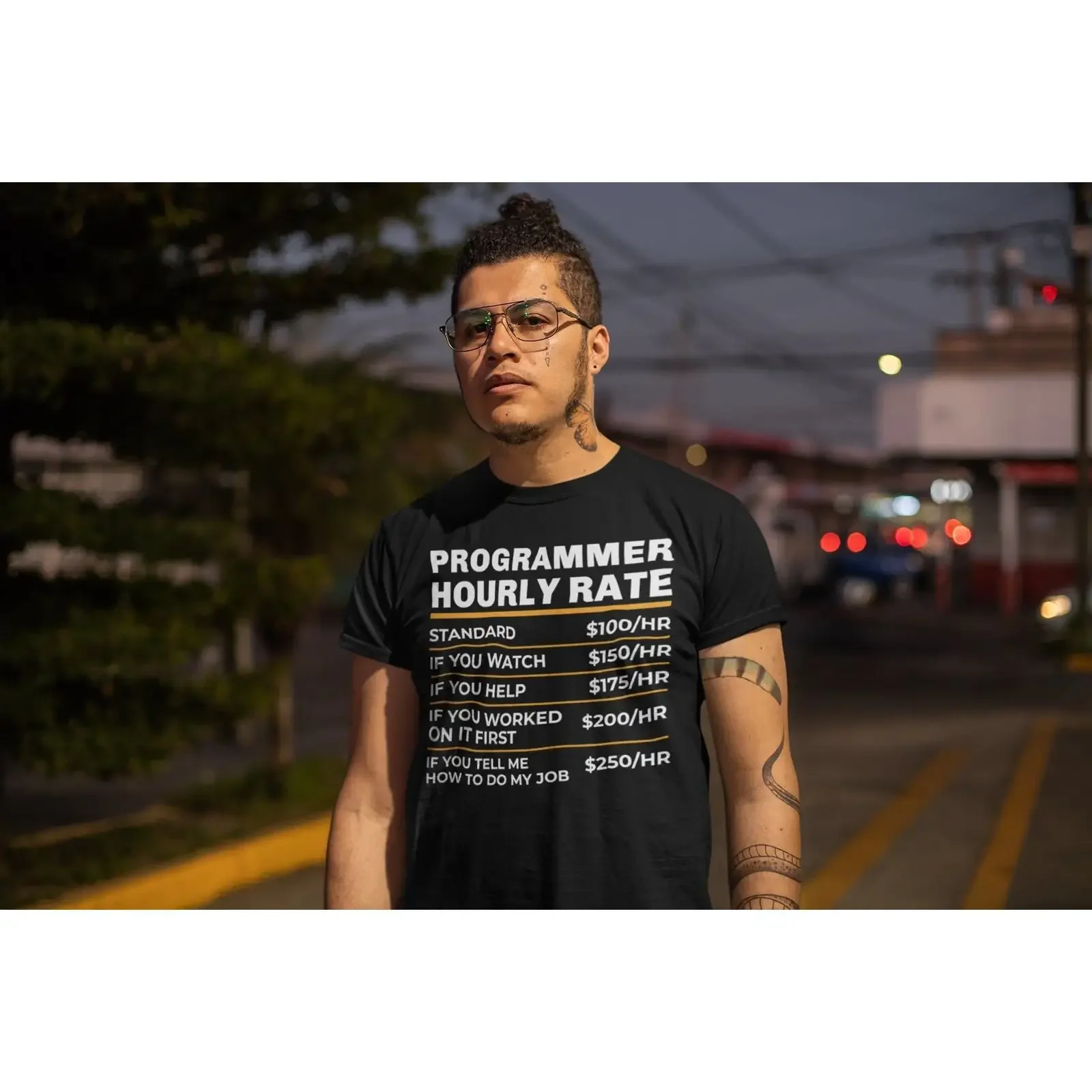 T-shirt drôle avec tarif horaire du programmeur, développeur de logiciels, codage, informatique, tarifs du travail, vintage, délavé, homme, confortable