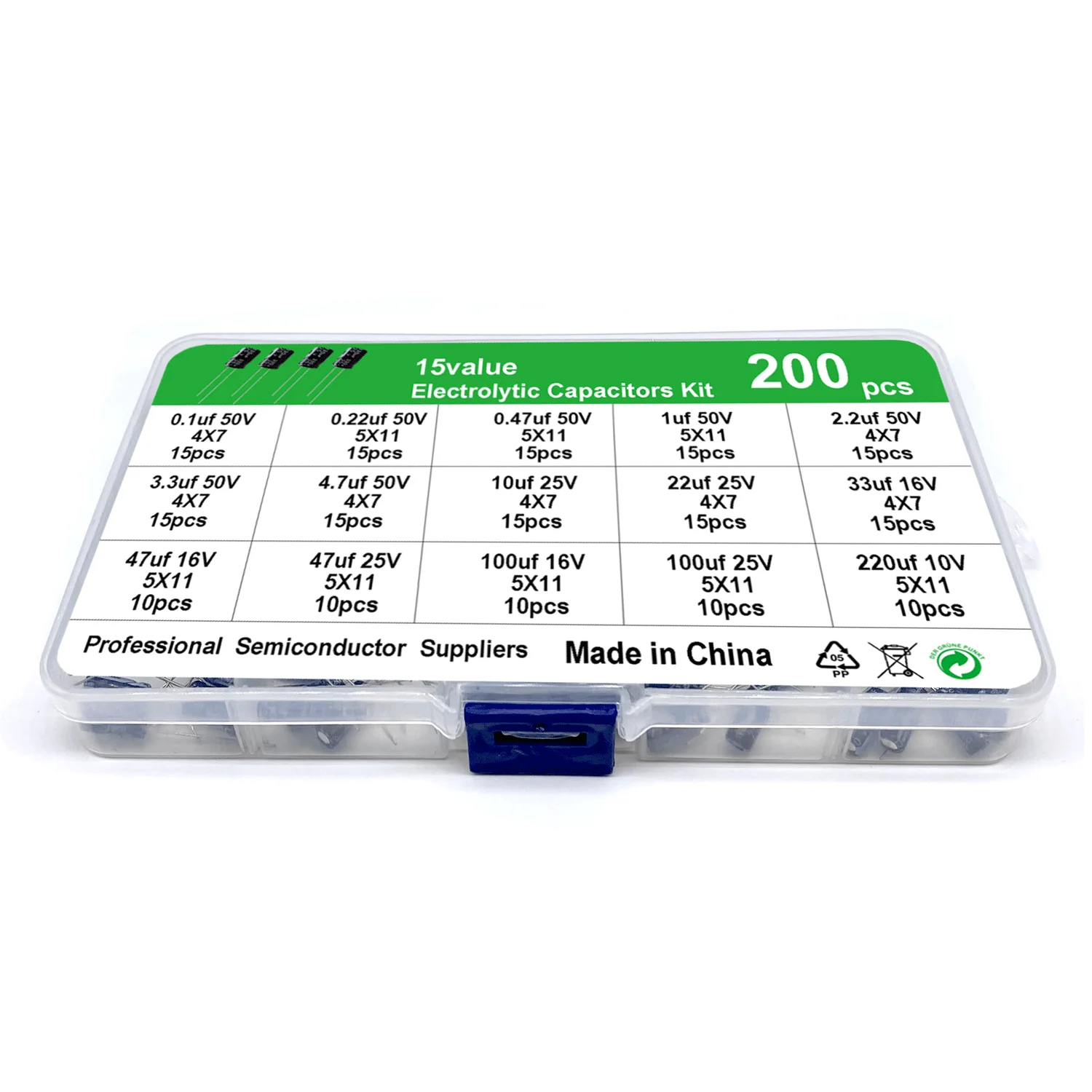 200pcs/lot Radial capacitors set 15Values 10V 16V 25V 50V 0.1uF-220uF Electrolytic Capacitor Assortment Kit 0.22uf 2.2uf 100uf