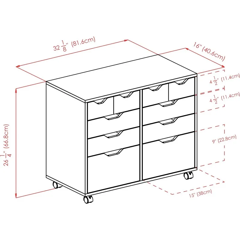 Storage Mobile Cabinets, 2 Doors, 4 Drawers, 4 Small Bins, For Home Office, White