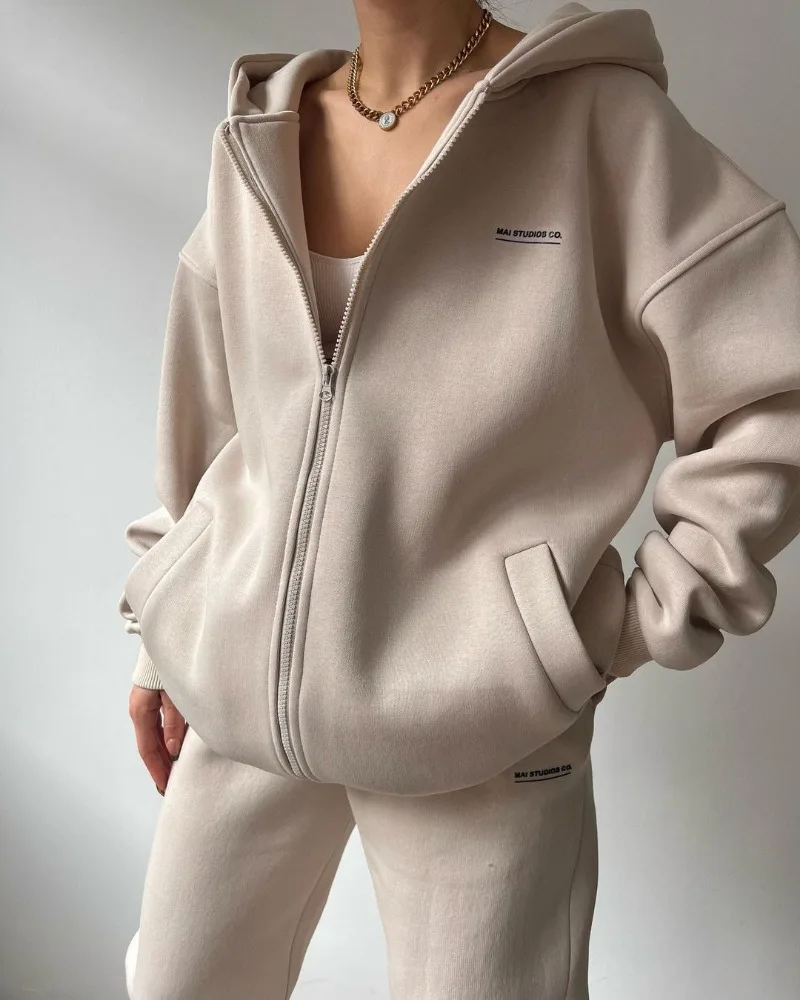 Women Fashion Tracksuit Solid Color Autumn Sportswear 2 Pieces Hooded Sweatshirt Sets Oversized Pullover Shirts And Pants Suits