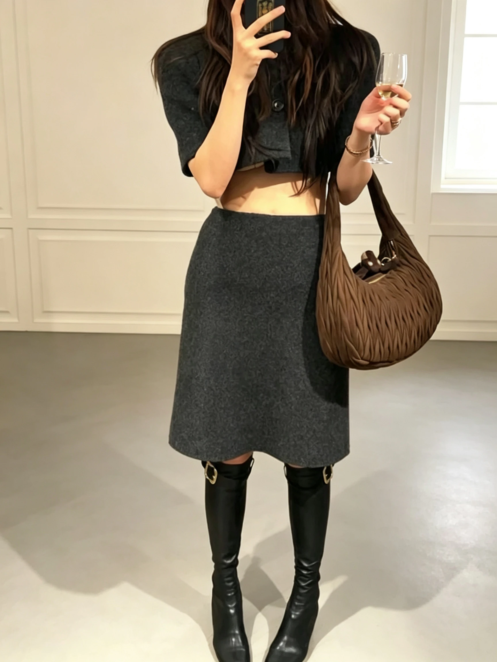 Gray Woolen Asymmetrical High Waist Pencil Skirt Women's Fashion Spring Autumn New Style Slimming Elegant Half-length Skirt