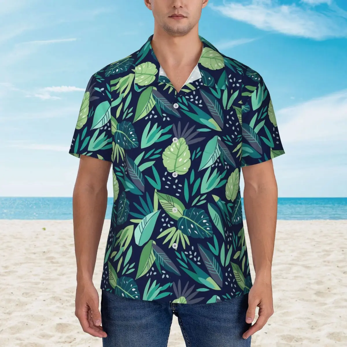 Blusas retrô de grandes dimensões masculinas, folha botânica masculina, azul, verde, manga curta, casual, design elegante, havaiana, praia