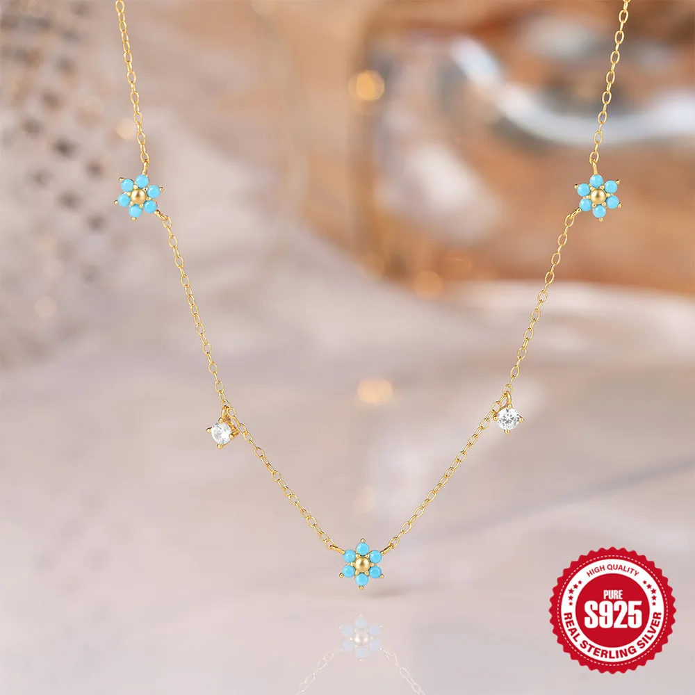 CANNER S925 Sterling Silver Turquoise Flower Zircon Pendant Necklaces For Women Necklace Clavicle Chain Jewelry Gifts Collares