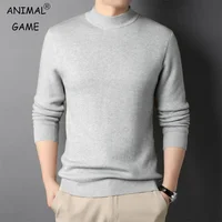 Otoño suéter de cuello simulado abrigos hombres jerseys de Color sólido invierno hombre medio cuello alto prendas de punto marca de moda Casual ropa para hombre