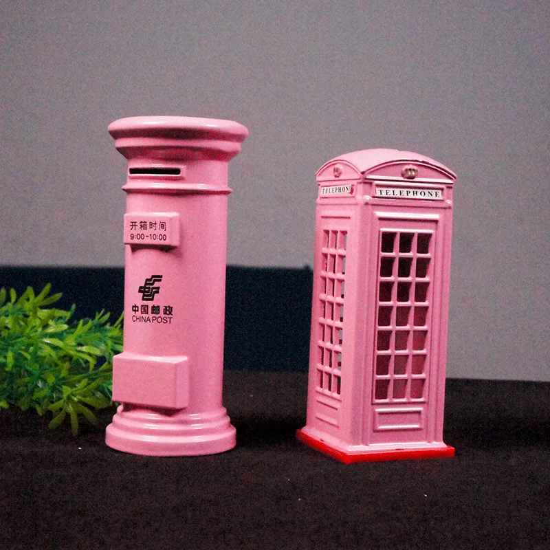 Pink Retro Mailbox Metal Money Bank Creative British Postal Iron Telephone Booth Model Ornament Home