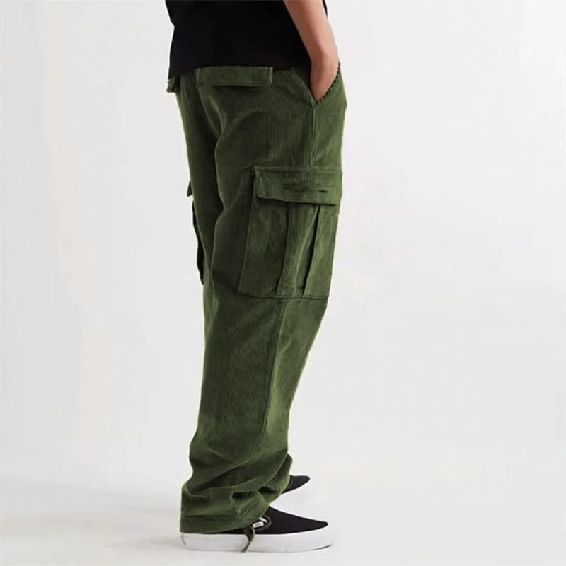 Men Corduroy Straight Leg Pants Fashion Solid Color Loose Travel Pants with Pockets Casual Trousers for Streetwear