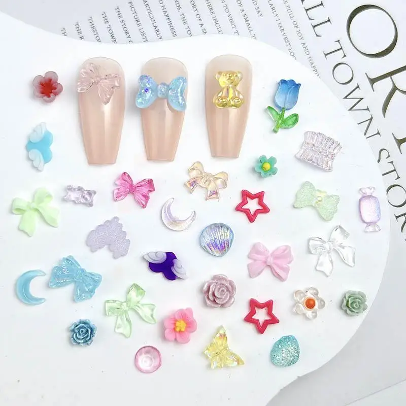 Multiple Styles Bows Flowers Mixed Nail Art Charms Transparent Bears Hearts Moons Nail Decorations for DIY Press on Nails