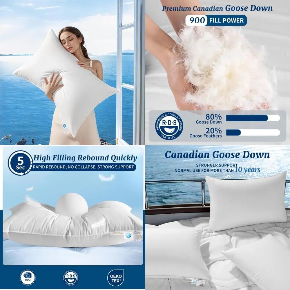 

Luxury Canadian Goose Down Pillow - Queen Size, 900 Fill Power, 100% Cotton Teflon Shell - Ultra Comfort for Sleep