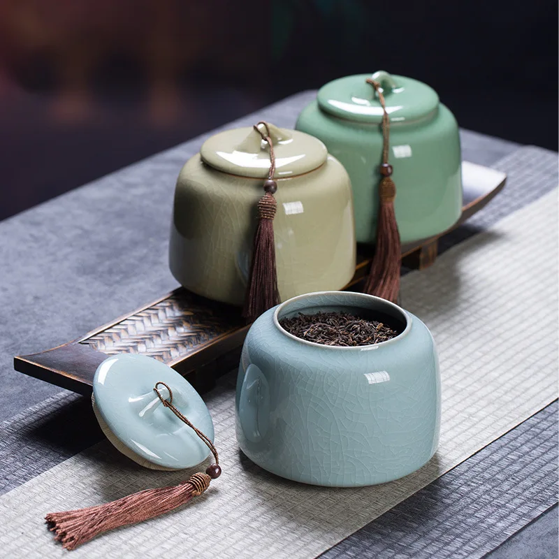 Longquan Celadon, Ice Cracked Glaze Pattern Storage Jar, Tea Jar, Ceramic Sealed Jar, Food Storage Container, Kitchen Supplies