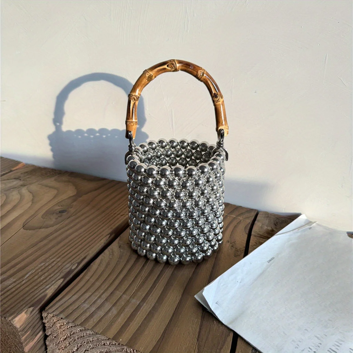 new women's fashionable bucket bag, bamboo design handbag, premium texture pearl bag, bead chain detachable shoulder bag