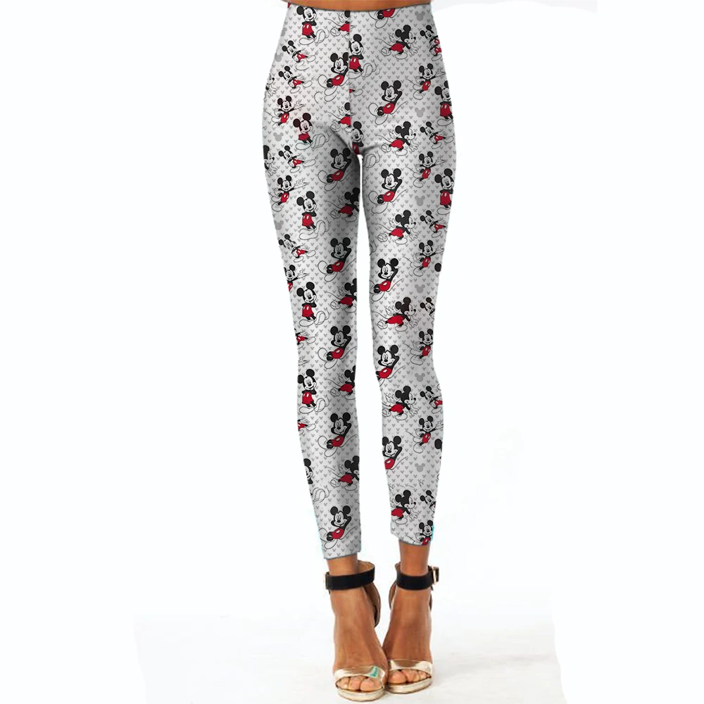Disney Minnie และ Mickey Mouse พิมพ์กางเกงขายาวผู้หญิงกางเกงขายาวลวงตาฟิตเนสกางเกงนุ่มยืด Tights Leggings ทางกายภาพ